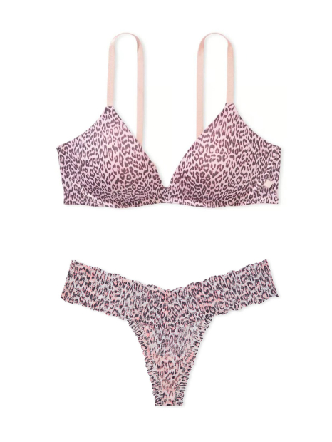 Женский комплект белья с принтом Victoria's Secret лиф Push Up и трусики тонг 1159833438 (Леопардовый 32A/XS)