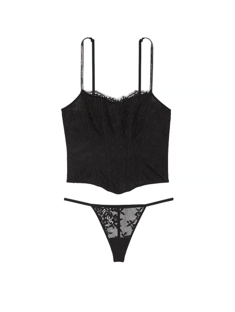 Мереживний комплект білизни Victoria's Secret корсет та трусики стрінги 1159833778 (Чорний XXL)