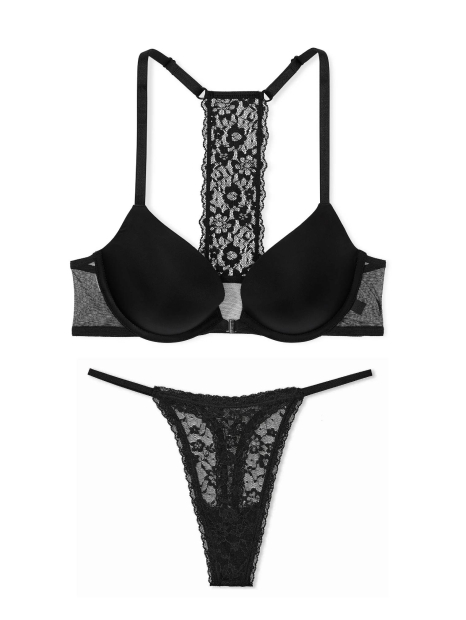 Женский комплект белья Victoria's Secret лиф Push-Up и трусики тонг 1159833785 (Черный 34A/S)