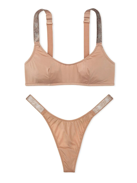 Гладкий комплект білизни зі стразами Victoria's Secret бралетт та трусики тонг 1159834179 (Бежевий L)