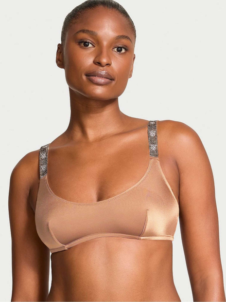 Гладкий комплект білизни зі стразами Victoria's Secret бралетт та трусики тонг 1159834179 (Бежевий L)