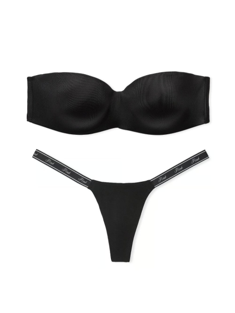 Женский комплект белья Victoria's Secret PINK бюст Push Up и трусики тонг 1159834741 (Черный 36B/M)