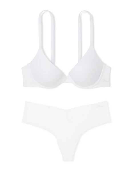 Базовий комплект білизни Victoria's Secret PINK бюст Push Up та трусики тонг 1159835504 (Білий 32C/S)