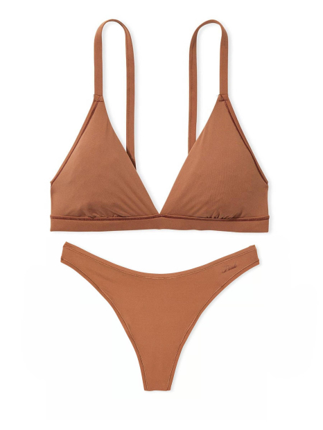 Гладкий комплект білизни Victoria's Secret Pink бралетт триангл та трусики тонг 1159837669 (Коричневий M)