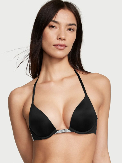 Комплект білизни зі стразами Victoria's Secret ліф Push-up та трусики тонг 1159837679 (Чорний 36C/L)
