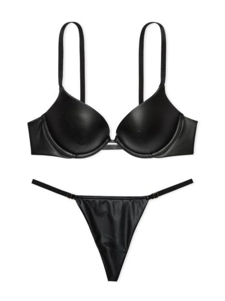 Комплект белья из экокожи Victoria's Secret бюст и трусики стринги 1159837705 (Черный 34A/S)