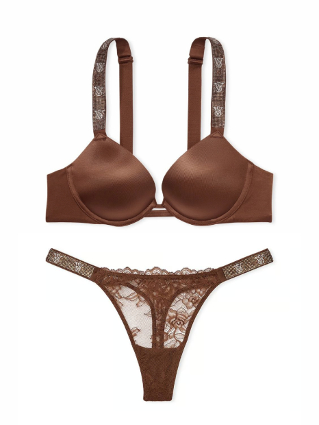 Комплект белья со стразами Victoria's Secret лиф Push-up и трусики тонг 1159837712 (Коричневый 34A/S)