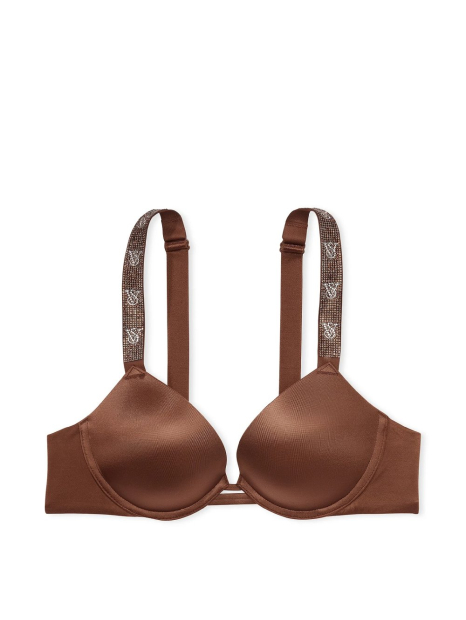 Комплект белья со стразами Victoria's Secret лиф Push-up и трусики тонг 1159837712 (Коричневый 34A/S)