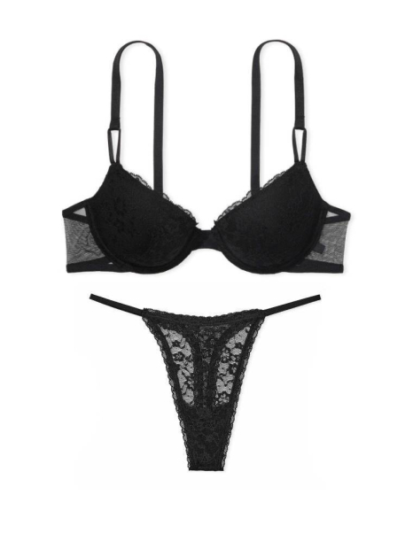 Кружевной комплект Victoria's Secret бюстгальтер и трусики тонг 1159837722 (Черный 38B/L)