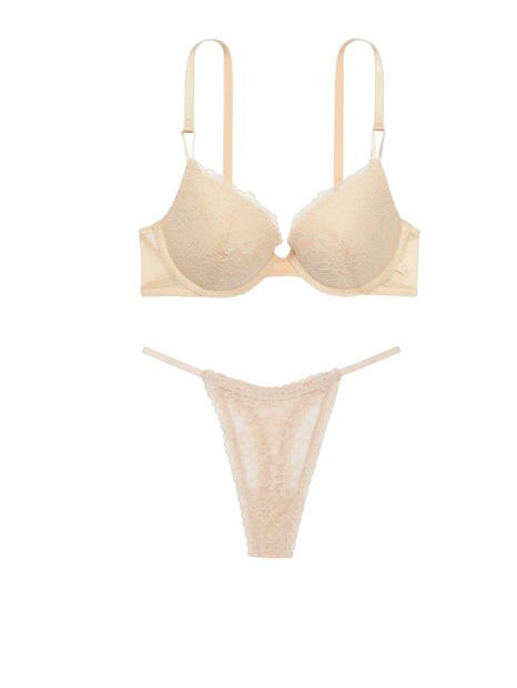 Кружевной комплект белья Victoria's Secret лиф и трусики тонг 1159837741 (Бежевый 36D/L)