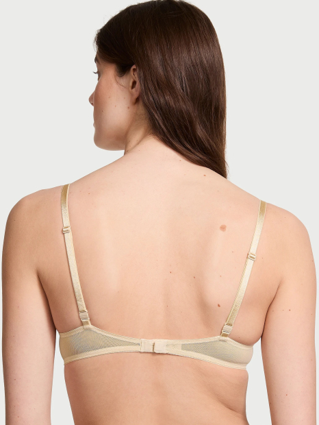 Кружевной комплект белья Victoria's Secret лиф и трусики тонг 1159837741 (Бежевый 36D/L)