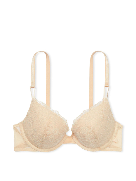 Кружевной комплект белья Victoria's Secret лиф и трусики тонг 1159837741 (Бежевый 36D/L)