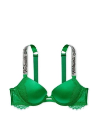 Гладкий комплект білизни з мереживом та стразами Victoria's Secret ліф Push-Up та трусики бразильяна 1159804253 (Зелений, 34B/S)