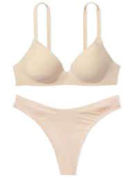 Эффектный комплект белья Victoria's Secret Pink бюст Push-Up и трусики тонг 1159831098 (Бежевый 34A/S)