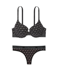 Женский комплект белья Victoria's Secret лиф Push-Up и трусики тонг 1159831193 (Черный 38B/L)