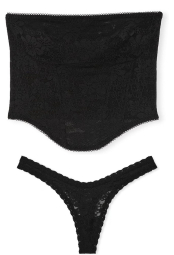 Кружевной комплект белья Victoria's Secret Pink корсетный топ и трусики тонг 1159831314 (Черный S)
