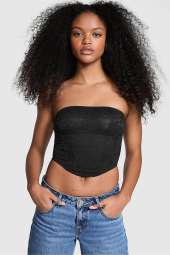 Кружевной комплект белья Victoria's Secret Pink корсетный топ и трусики тонг 1159831314 (Черный S)