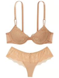 Жіночий мереживний комплект Victoria's Secret ліф та трусики тонг 1159831515 (Бежевий 38DDD/XL)