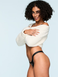 Женский комплект белья Victoria's Secret PINK бюст Push Up и трусики тонг 1159831517 (Черный 38B/L)