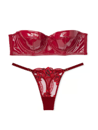 Комплект белья Victoria's Secret бюст-балконет из искусственной кожи и трусики тонг с вышивкой 1159832146 (Бордовый 38D/XL)