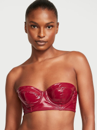 Комплект белья Victoria's Secret бюст-балконет из искусственной кожи и трусики тонг с вышивкой 1159832146 (Бордовый 38D/XL)