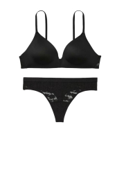 Ефектний комплект білизни Victoria's Secret Pink бюст Push-Up та трусики тонг 1159832154 (Чорний 34C/S)