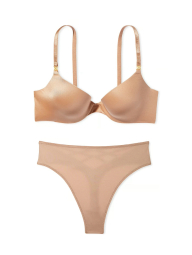 Гладкий комплект білизни Victoria's Secret погруддя Push-up та трусики тонг 1159832506 (Бежевий 32C/S)