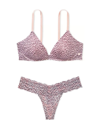 Женский комплект белья с принтом Victoria's Secret лиф Push Up и трусики тонг 1159833438 (Леопардовый 32A/XS)