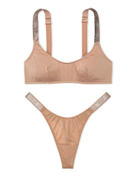 Гладкий комплект белья со стразами Victoria's Secret бралетт и трусики тонг 1159834179 (Бежевый L)