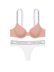 Женский комплект белья Victoria's Secret лиф и трусики тонг 1159834365 (Белый/Розовый 34D/M)
