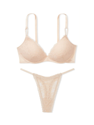Кружевной комплект белья Victoria's Secret бюстгальтер Push-up и трусики тонг 1159837102 (Бежевый 36B/M)