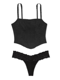 Комплект білизни Victoria's Secret Pink корсетний топ та трусики тонг 1159837283 (Чорний M)