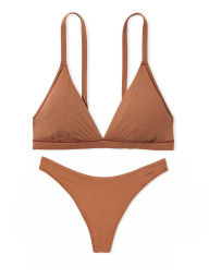 Гладкий комплект белья Victoria's Secret Pink бралетт триангл и трусики тонг 1159837669 (Коричневый M)