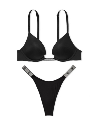 Комплект белья со стразами Victoria's Secret лиф Push-up и трусики тонг 1159837679 (Черный 36C/L)