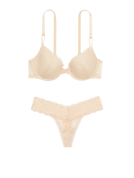 Кружевной комплект белья Victoria's Secret лиф и трусики тонг 1159837738 (Бежевый 36D/L)