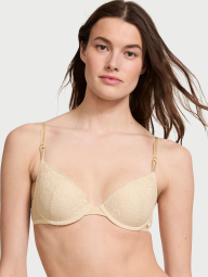 Кружевной комплект белья Victoria's Secret лиф и трусики тонг 1159837738 (Бежевый 36D/L)