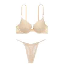 Кружевной комплект белья Victoria's Secret лиф и трусики тонг 1159837741 (Бежевый 36D/L)