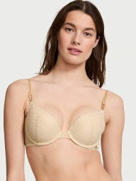 Кружевной комплект белья Victoria's Secret лиф и трусики тонг 1159837741 (Бежевый 36D/L)