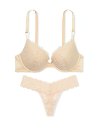 Кружевной комплект белья Victoria's Secret бюст Push-Up и трусики тонг 1159837747 (Бежевый 32A/XS)