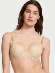 Кружевной комплект белья Victoria's Secret бюст Push-Up и трусики тонг 1159837747 (Бежевый 32A/XS)