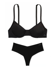 Комплект Victoria's Secret Pink бюст и трусики тонг 1159837749 (Черный 36B/M)