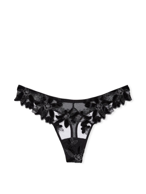 Женские сетчатые трусики тонг Victoria's Secret с цветочной вышивкой 1159798877 (Черный, S)