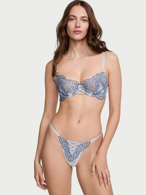 Сетчатые трусики тонг Victorias Secret с вышивкой 1159808496 (Голубой, XS)