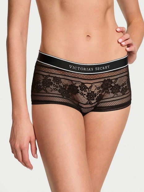 Кружевные трусики шортики Victoria's Secret с логотипом 1159816120 (Черный XS)