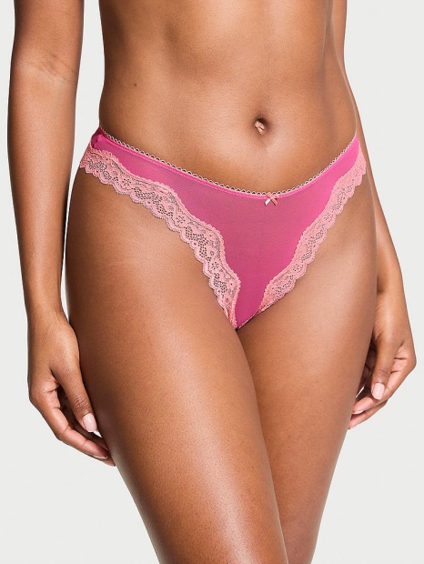 Женские сетчатые трусики тонг Victoria's Secret с кружевом 1159826234 (Розовый XL)