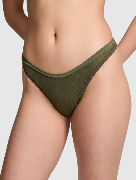 Стильные трусики тонг Victoria's Secret Pink с кружевом 1159833042 (Зеленый M)