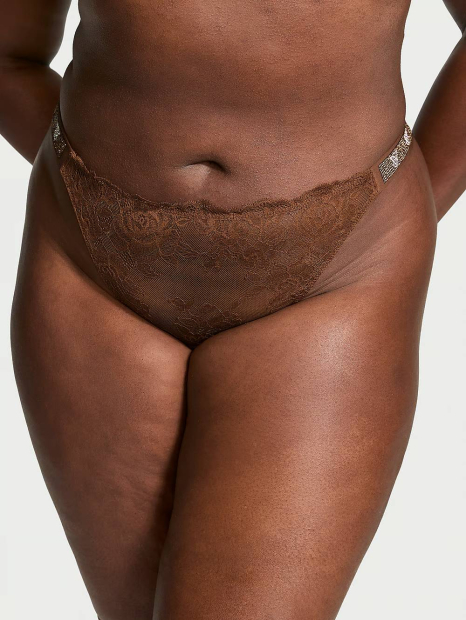 Кружевные трусики тонг Victoria's Secret со стразами 1159833402 (Коричневый XS)