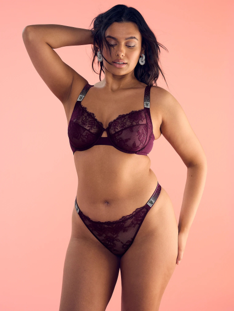 Кружевные трусики тонг Victoria's Secret со стразами 1159837538 (Бордовый S)