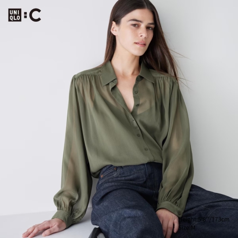 Полупрозрачная блузка UNIQLO с длинными рукавами 1159811612 (Зеленый, XL)