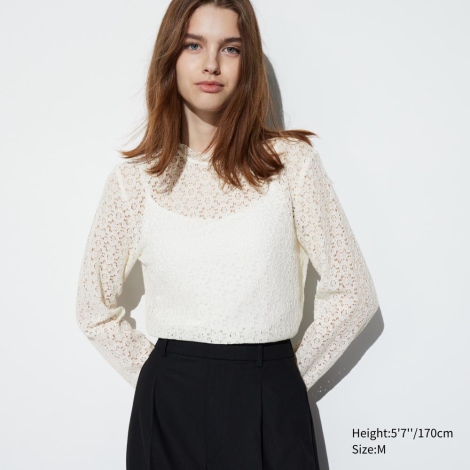 Кружевная блузка UNIQLO с длинными рукавами 1159812032 (Молочный, S)